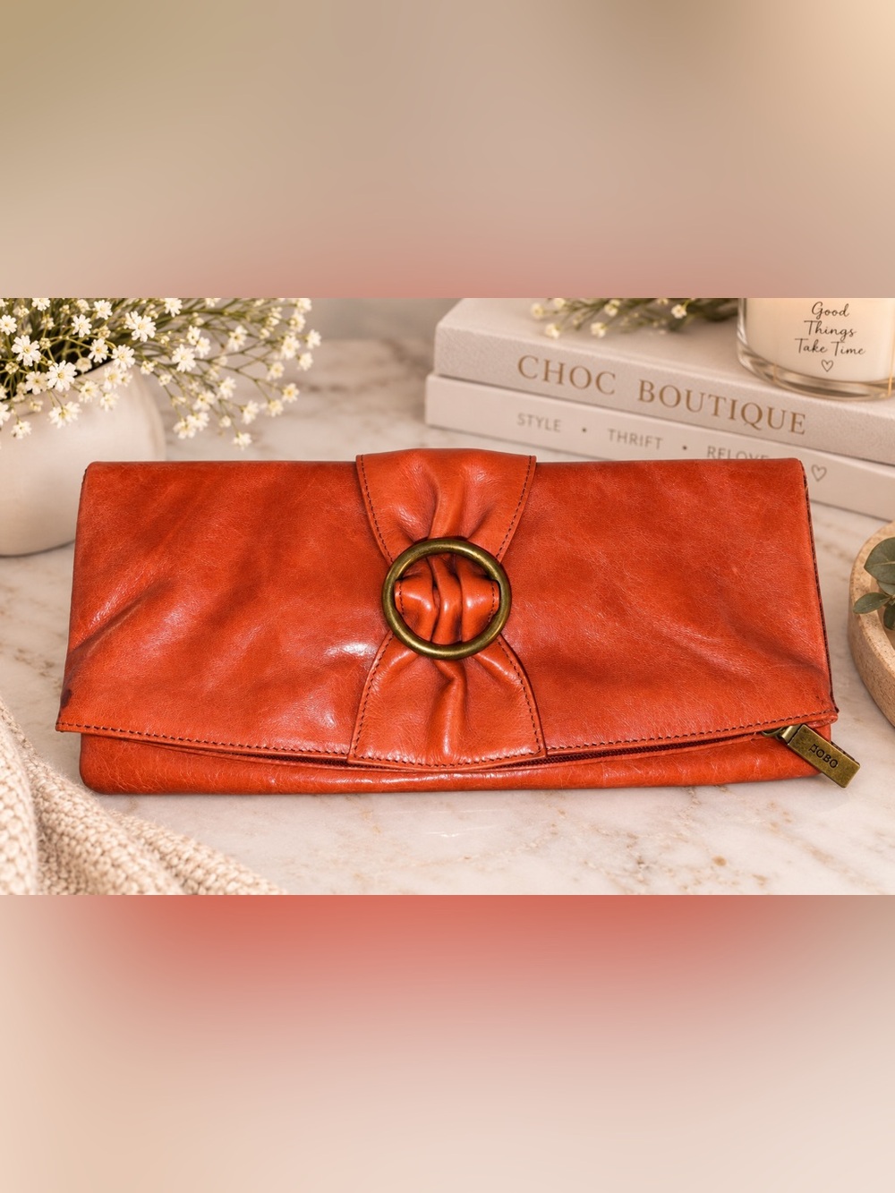 HOBO International Burnt Orange Leather Ring Clutch Foldover Zip Bag
